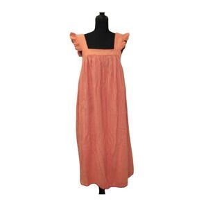 A New Day MIDI Dress Womens Large Coral Orange Good Striped Linen Blend Ruffle